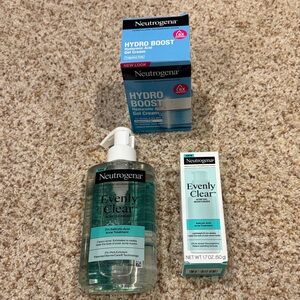 3 Neutrogena products NIBhydro boost cream, evenly clear wash&gel moisturizer